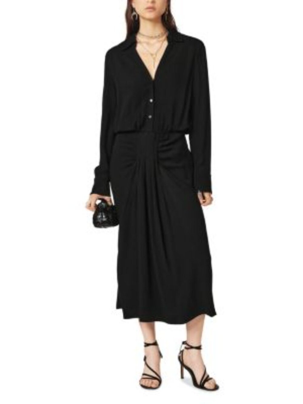 ba&sh Black Long-Sleeve Gathered-Waist Midi Dress